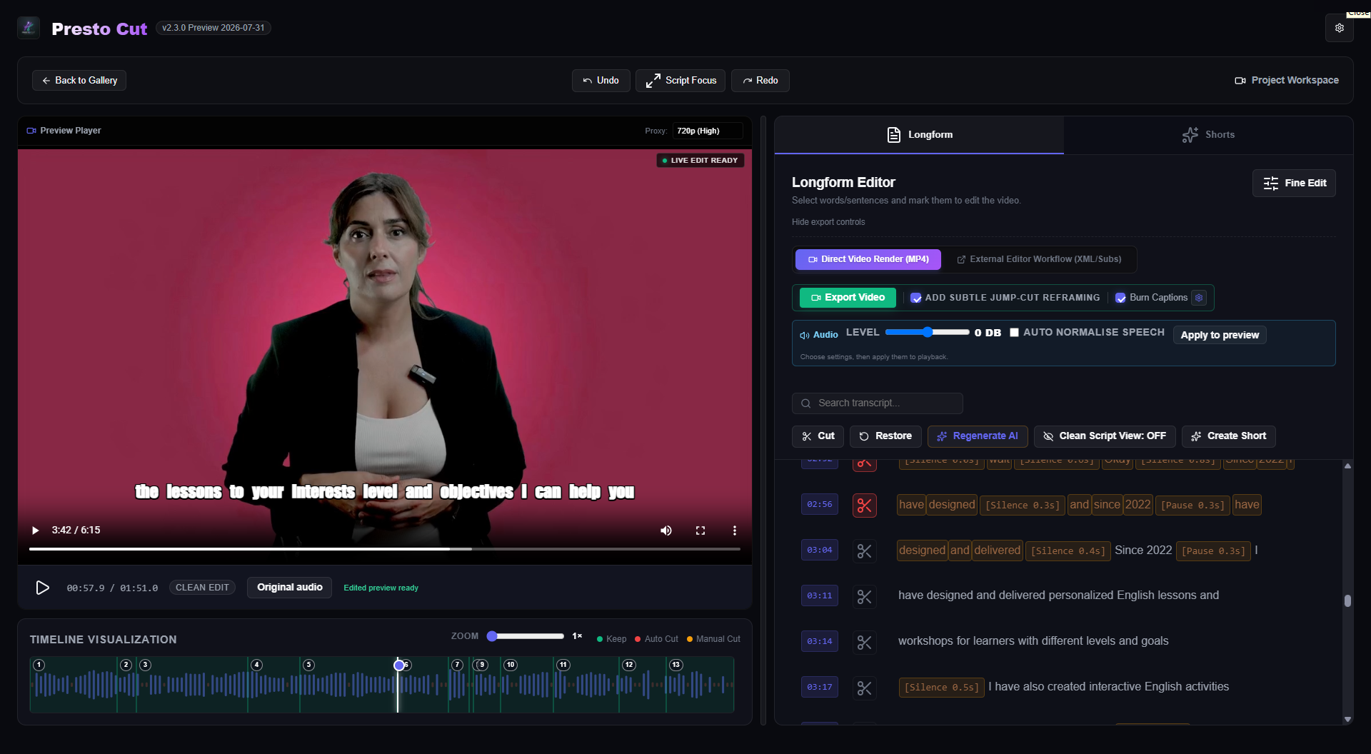 Presto Cut editing a talking-head video with captions, transcript cleanup controls and timeline visualisation